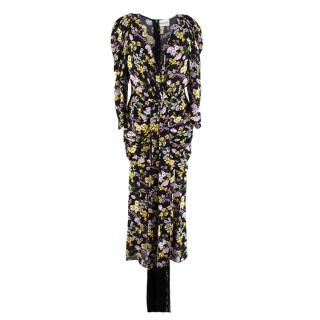 Magda Butrym Black Floral Print Tassel Belt Silk Dress
