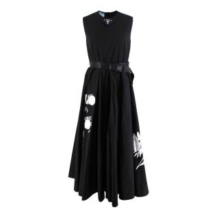 Prada Black Polished Cotton Poplin Flower Print Belted Dress
