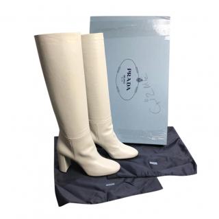 Prada White Leather Block Heel Knee Boots