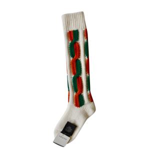 Gucci white green and orange cable knit long socks