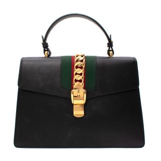 Gucci Medium Sylvie Black Smooth Leather Top Handle Bag