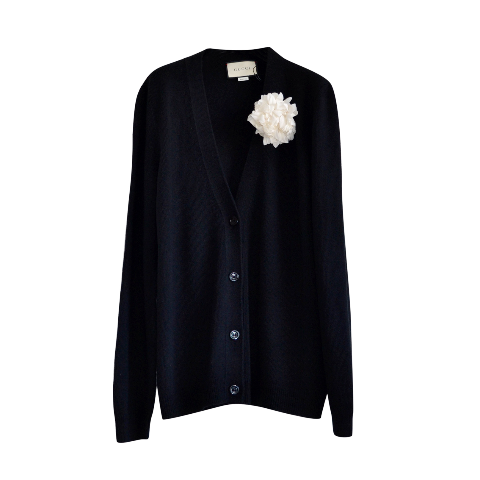 Gucci Wool & Cashmere Knit Black Cardigan with White Flower Brooch