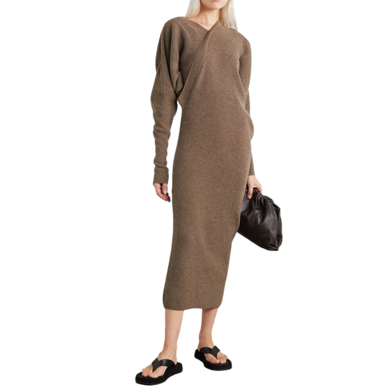 LVIR Unbalanced Light Brown Asymmetric Ribbed Knit Dress 