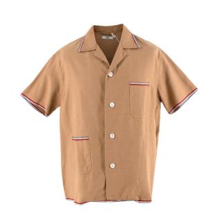 Bode Tan Cotton Woven Short Sleeve Striped Trim Shirt