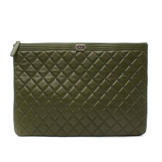 Chanel Boy Large Moss Green Diamond Quilted Leather Pouch