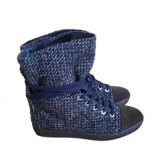 Chanel Blue Tweed lace-Up Boots