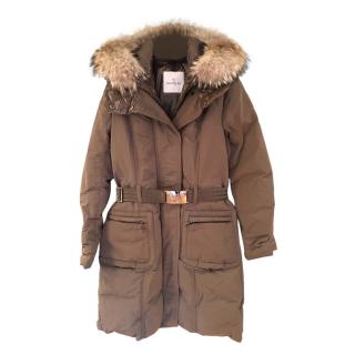 Moncler Khaki Racoon Fur Trimmed Down Belted Coat