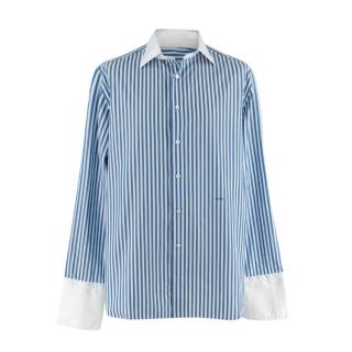 Donato Liguori Teal Blue Striped Contrast Collar & Cuffs Formal Shirt