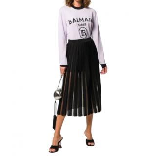 Balmain Black Sheer Pleated Knit Midi Skirt