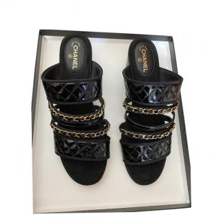 Chanel black quilted leather chain mules