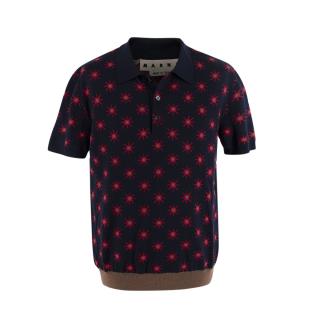 Marni Navy & Red Star Intarsia Knit Short Sleeve Polo