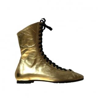 Rochas Gold Leather Lace Up Ankle Boots