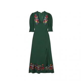 Rixo Carmen Green Embroidered Midi Dress