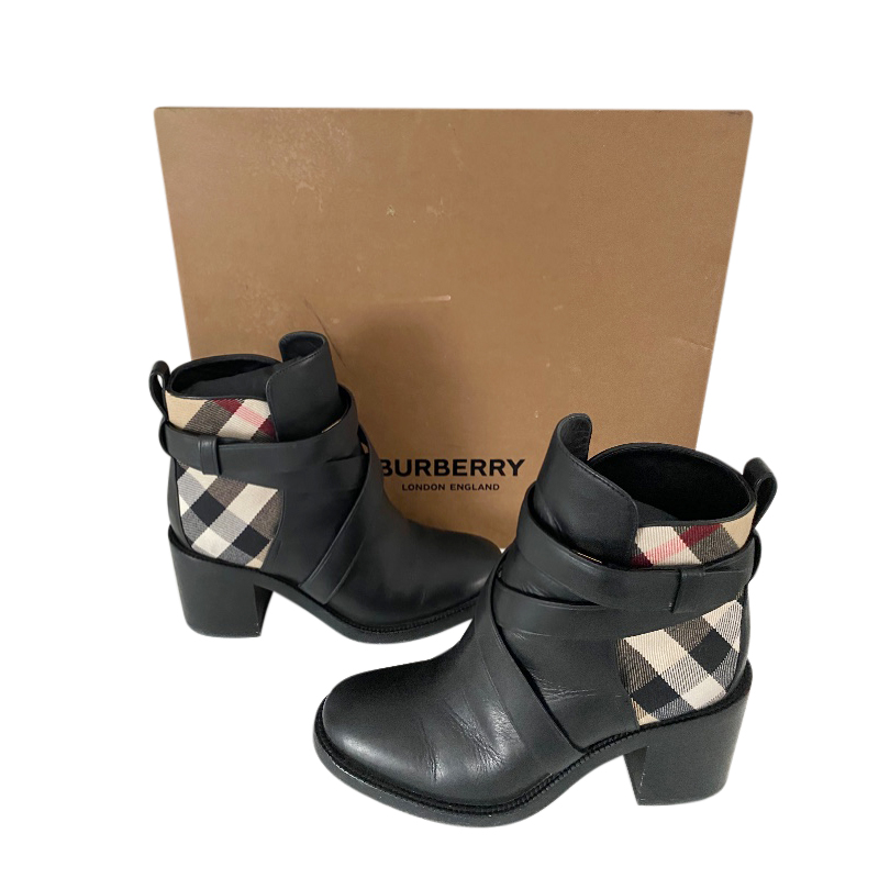 Burberry House Check Pryle Black Leather Ankle Boots