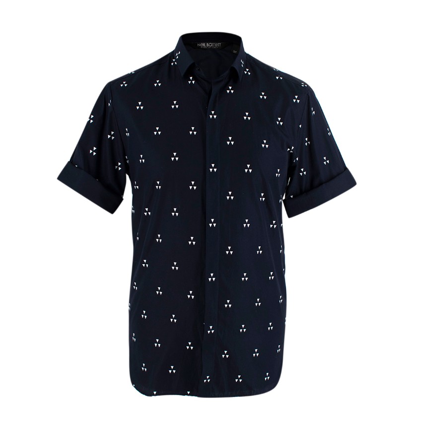 Neil Barrett Navy Cotton Poplin Geometric Print Short Sleeve Shirt