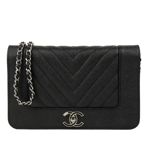 Chanel Black Chevron Leather Wallet on Chain