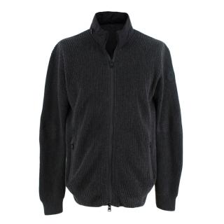 Moncler Charcoal Grey Ribbed Zip-Through Knit with Nylon Collar