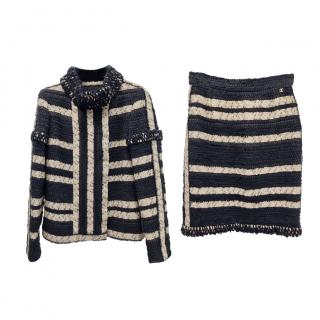 Chanel Black & Beige Striped Tweed Skirt Suit