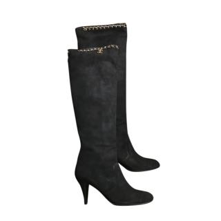 Chanel Black Suede Chain Trim Knee Boots