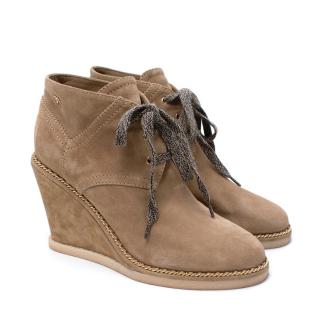 Chanel Sandy-Brown Suede Lace-Up Wedge Booties 