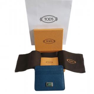 Tods Denim Blue Grained Leather Card Holder