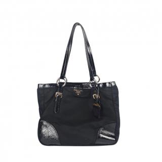 Prada Black Patent Leather Trimmed Nylon Shoulder Bag