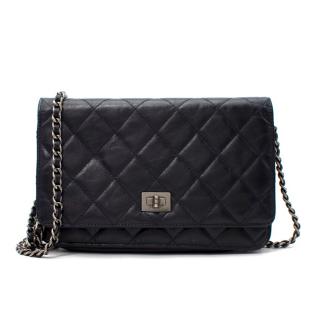 Chanel Navy Quilted Aged-Leather Wallet On Chain