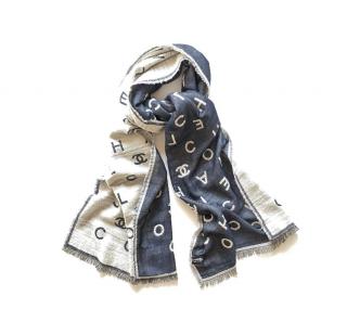 Chanel navy and cream cashmere blend logo scarf 