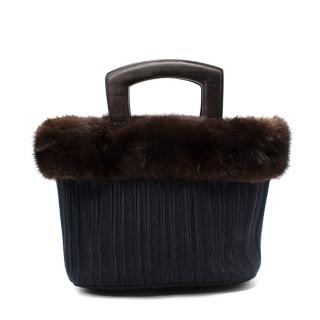 Yves Saint Laurent Vintage Navy Blue Woven & Mink Fur Top Handle Bag