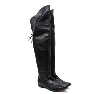 Emanno Scervino Black Leather Knee High Laced Back Boots