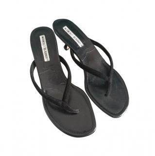 Manolo Blahnik Black Suede Thong Heeled Sandals