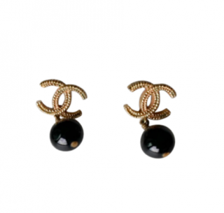 Chanel Black Bead Gold-Tone Metal CC Earrings