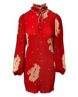Ganni Red Floral Plisse Pleated Dress