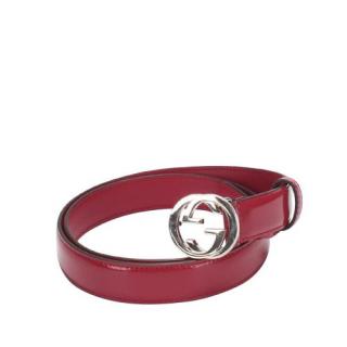 Gucci GG Silver-Tone Buckle Burgundy Patent Leather Belt 85