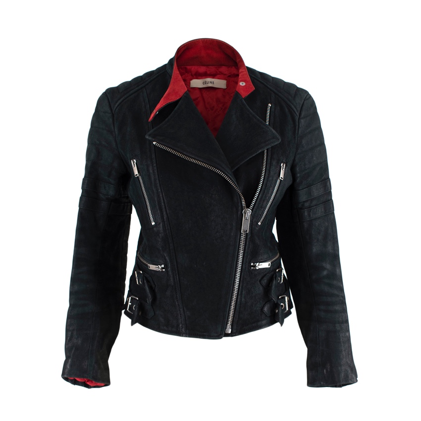 Celine Black Distressed Leather Biker Jacket