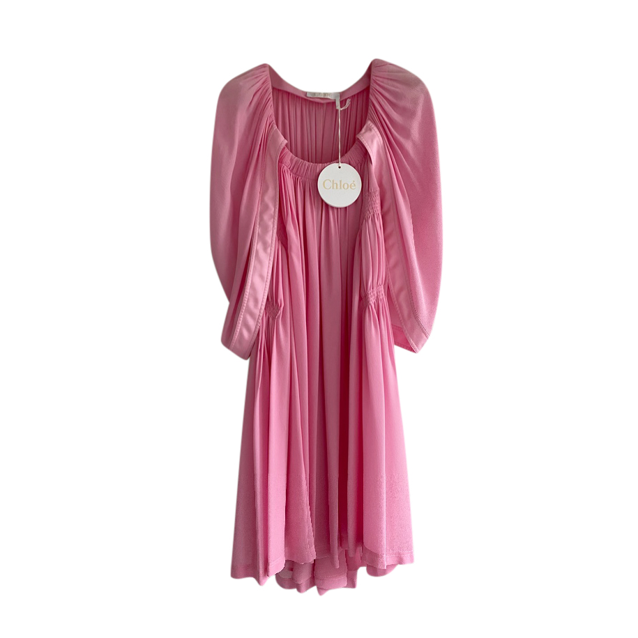 Chloe Pink Silk Pleated Cape-Sleeve Dress
