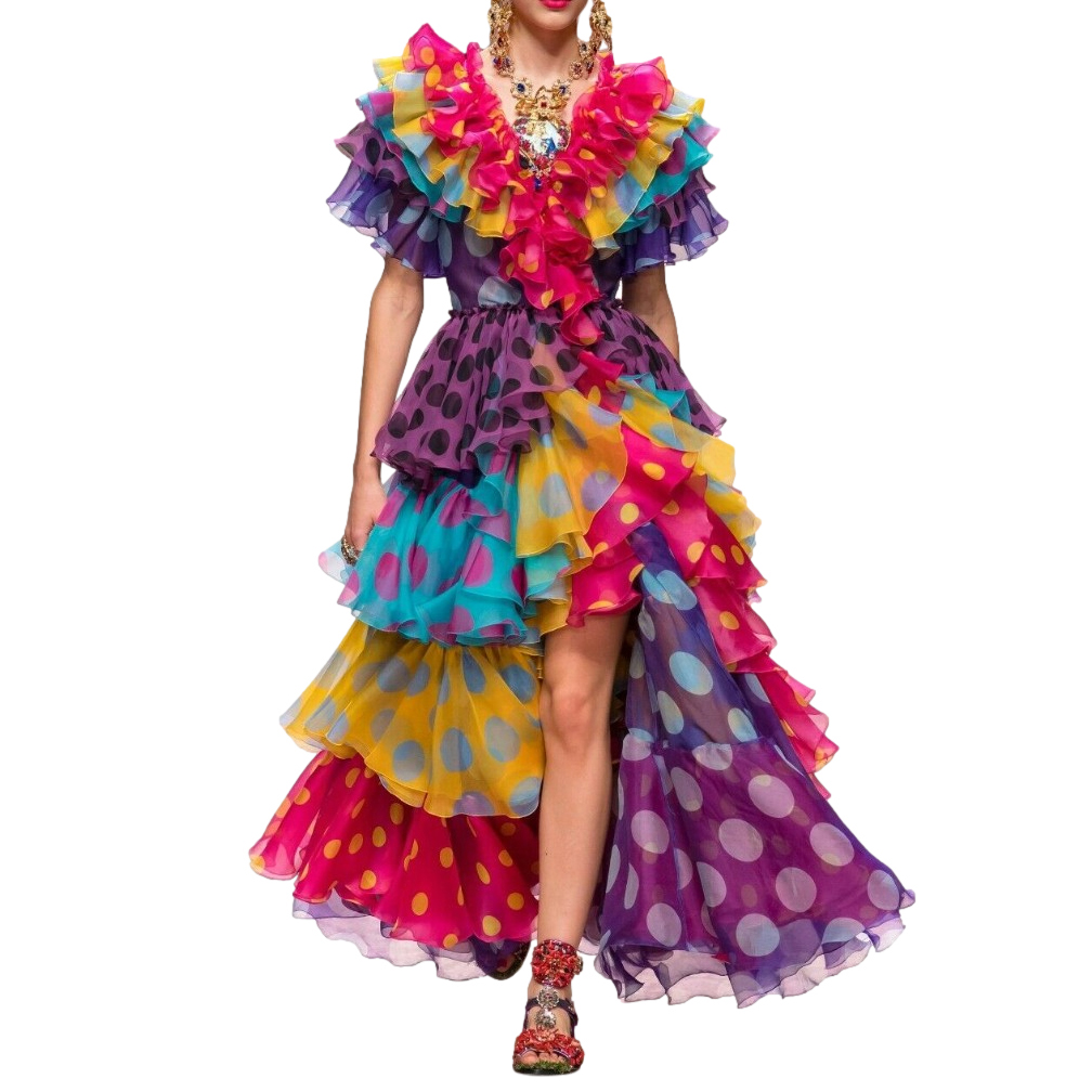 Dolce & Gabbana Multicolour Polka-Dot Silk Chiffon Tiered Gown