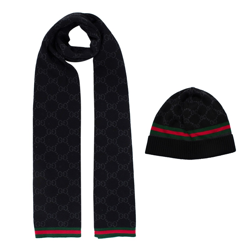 Gucci Black GG Monogram Wool Hat & Scarf