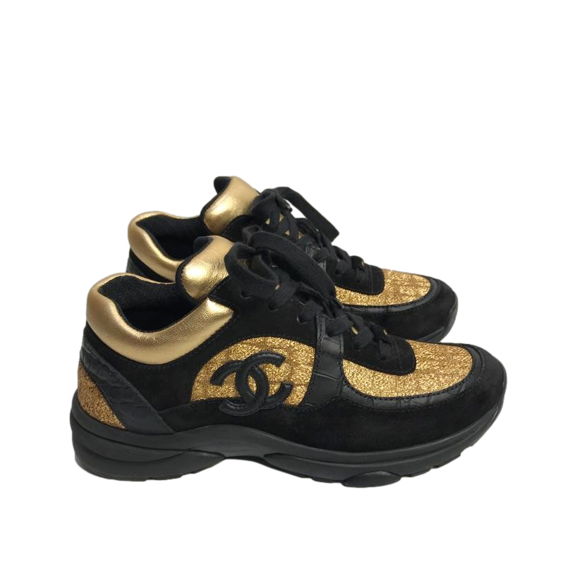 Chanel Black & Gold Suede Trainers