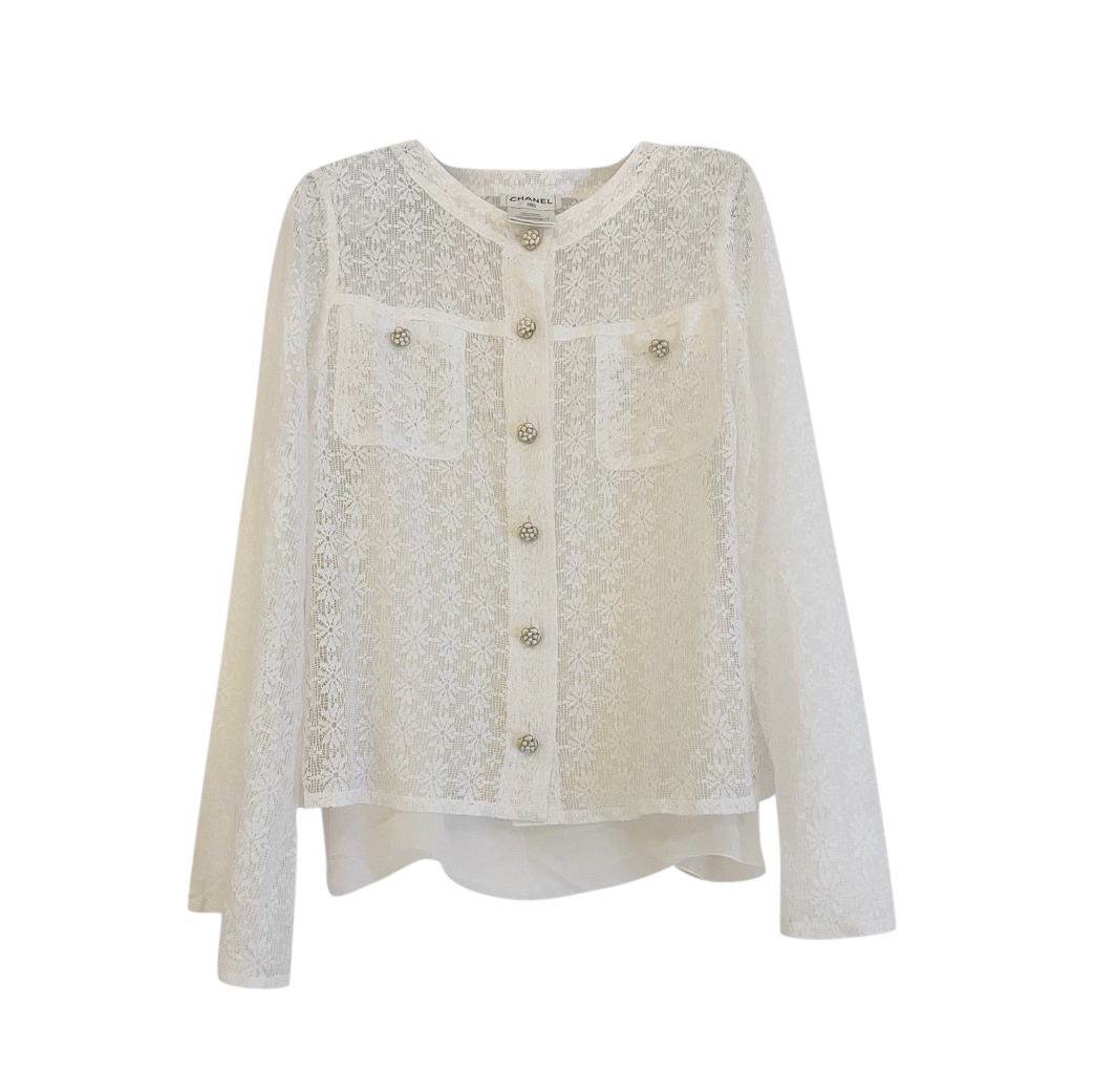Chanel white lace macrame blouse with gripoix buttons 