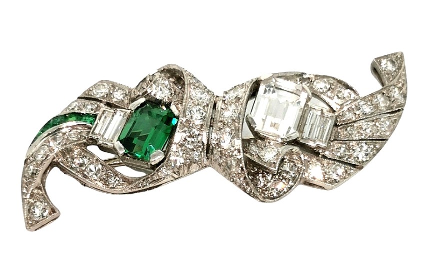 Bespoke art deco diamond, emerald and paste brooch 1900