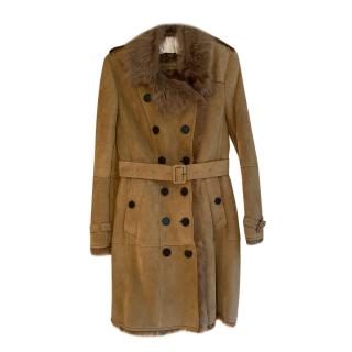 Burberry Suede & Shearling Belted Camel Trench Coat