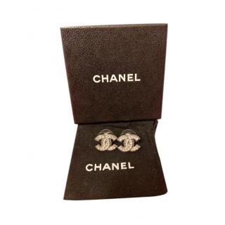 Chanel Crystal CC Logo Silver-Tone Metal Stud Earrings