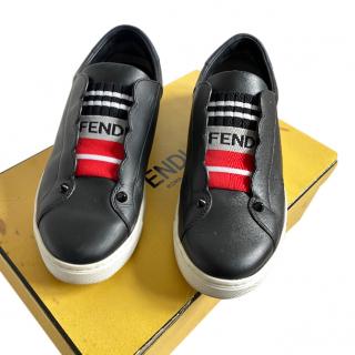 Fendi Black Leather Knit Detail Sneakers