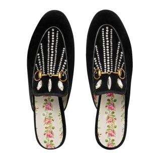 Gucci black crystal embellished suede slippers