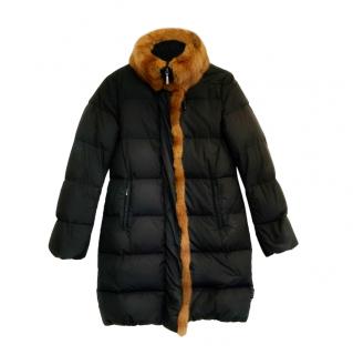 Moncler Black Nylon Down Padded Long Jacket with Fur Trim