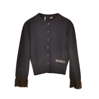 Moschino Navy Blue Fine Knit Cardigan with Lace-Trimmed Cuffs