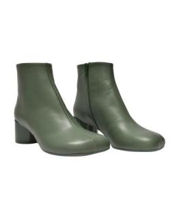 MM6 Dark Green Leather Block Heeled Ankle Boots