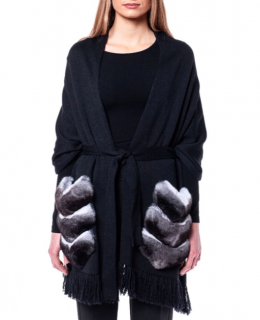 FurbySD Chinchilla Fur Trim Merino Wool Wrap