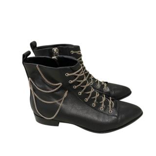 Giuseppe Zanotti Black Leather Boots with Silver-Tone Chain Detail